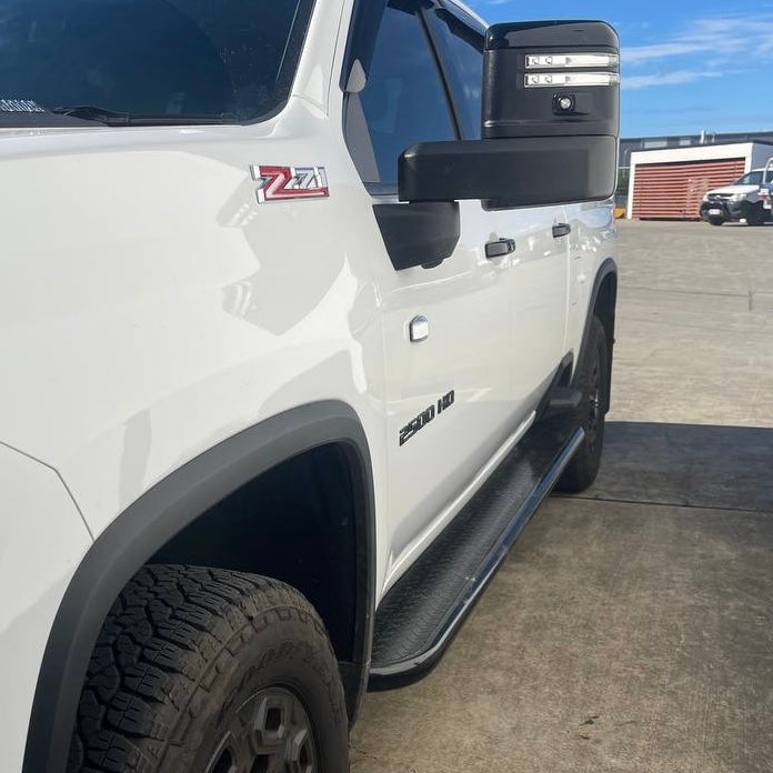 4X4 Network rock sliders, shown fitted to a Chevrolet Silverado 2500
