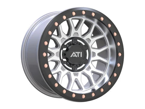ATI AT-01 hybrid beadlock wheel in machined finish with a black true beadlock ring