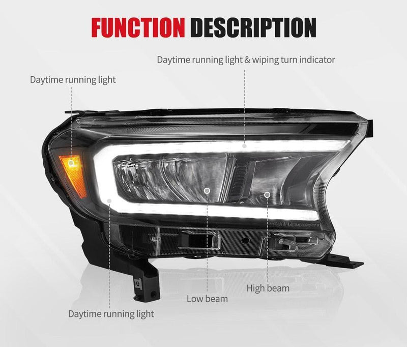VLAND LED Headlights Sequential Indicator for Ford Ranger 2015-ON Wildtrak Raptor - Adrenaline 4X4